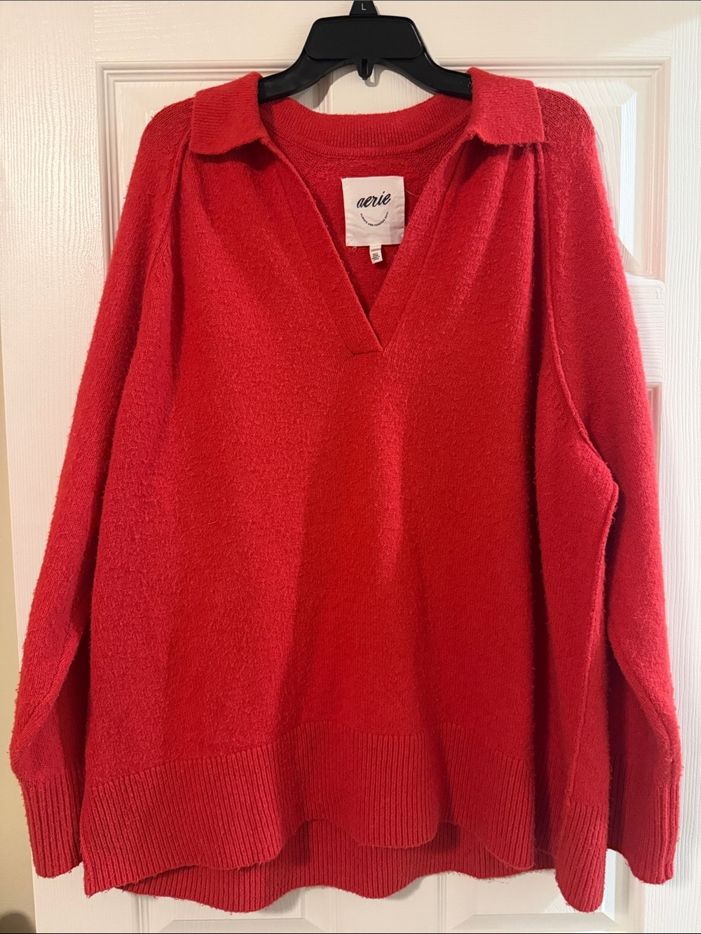 aerie Red V-Neck Collar Knit Sweater